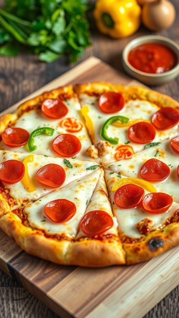 Keto pizza with canned chicken crust topped with cheese and pepperoni on a wooden board.
